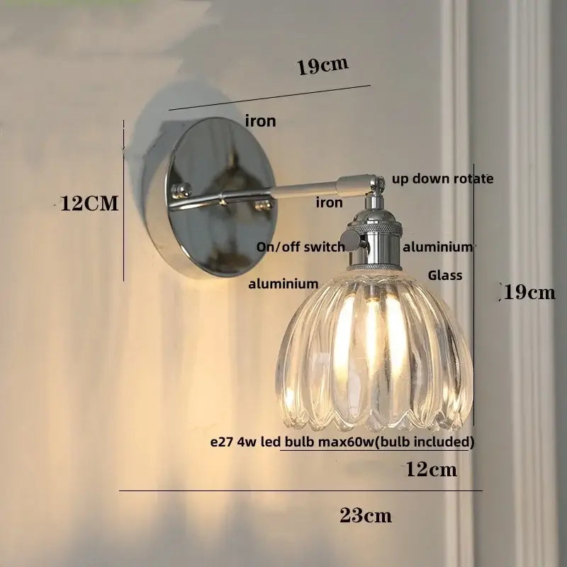 Vintage-style wall lamp with clear ribbed glass shade and polished chrome iron bracket for modern dining room decorbites clear glass