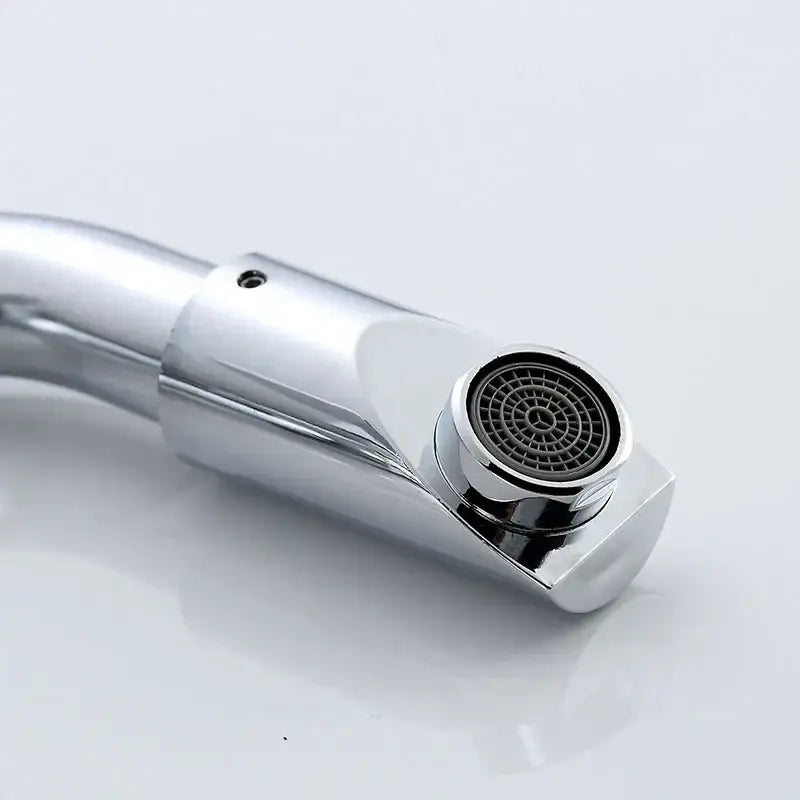 Modern chrome rotating spout faucet kitchen sink tap with sleek design and circular spray head featuring black mesh filter