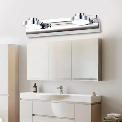 Modern chrome round wall lamp bathroom light with acrylic shade featuring two circular bulbs and minimalist design