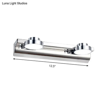 Chrome finished double-head bathroom vanity wall lamp with round acrylic shade and modern sleek design