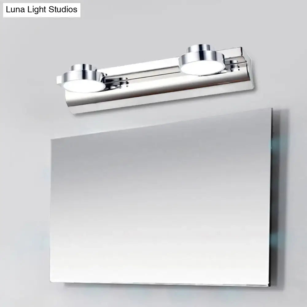 Modern chrome round wall lamp with two circular led bulbs and acrylic shade for bathroom vanity lighting