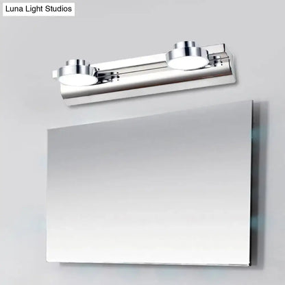 Modern chrome round wall lamp with two circular led bulbs and acrylic shade for bathroom vanity lighting