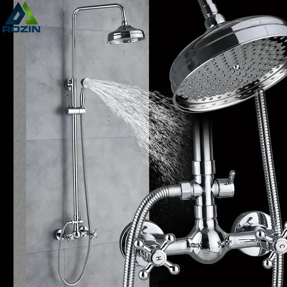 Modern chrome shower mixer faucet set with tall overhead rainhead and adjustable handheld spray for bathroom use