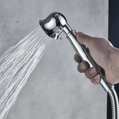 Modern chrome shower mixer faucet set featuring a chrome-finished handheld showerhead with curved design and flexible hose