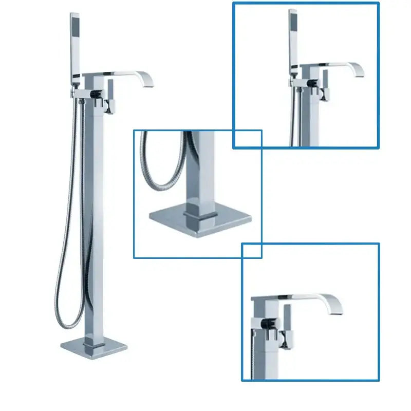Modern chrome single handle freestanding bathtub shower set with sleek minimalist design and integrated handheld showerhead