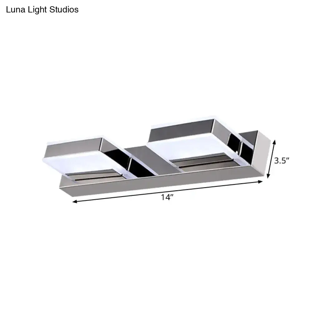 Modern chrome square acrylic vanity light bathroom fixture with two rectangular led panels and fixture height detail