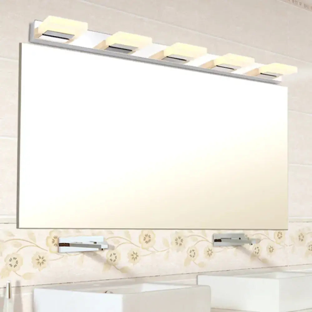 Modern chrome square acrylic wall sconce lighting with integrated led wall light and sleek rectangular bathroom mirror frame
