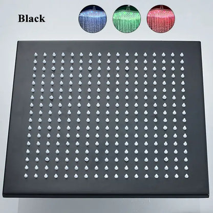 Modern chrome square rain shower head with black frame white nozzles and blue green red led lighting options
