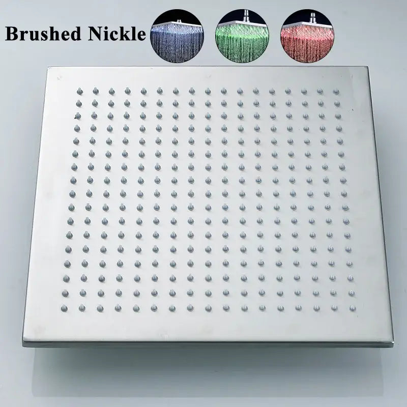 Brushed nickel square rain shower head with evenly spaced nozzles modern chrome bathroom fixture