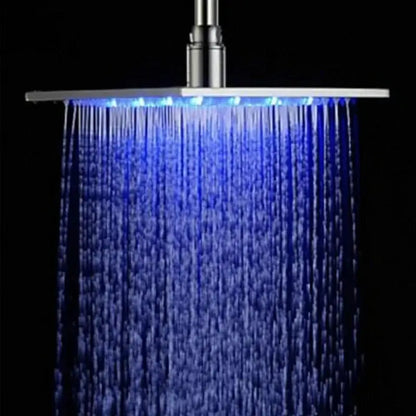 Modern chrome square rain shower head with blue led lighting along edge for bathroom rain shower fixtures