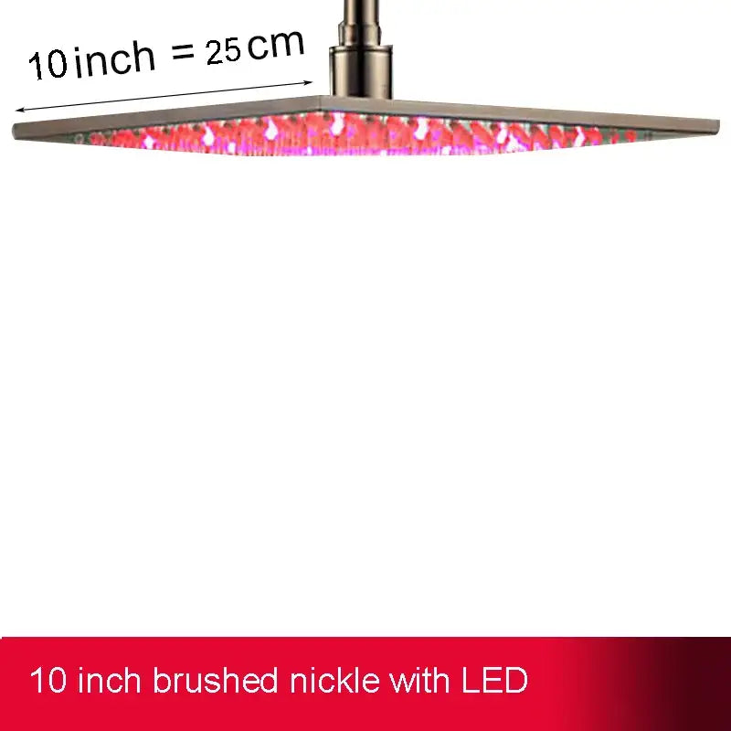A 10-inch brushed nickel modern chrome square led rainfall shower head with vibrant pink square led light illumination