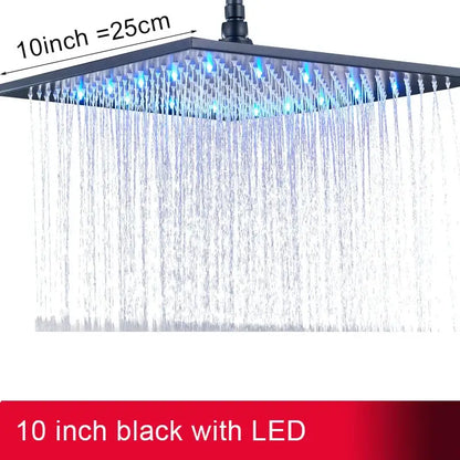 Black 10-inch square led shower head with rainfall shower feature and blue led light for modern bathroom use