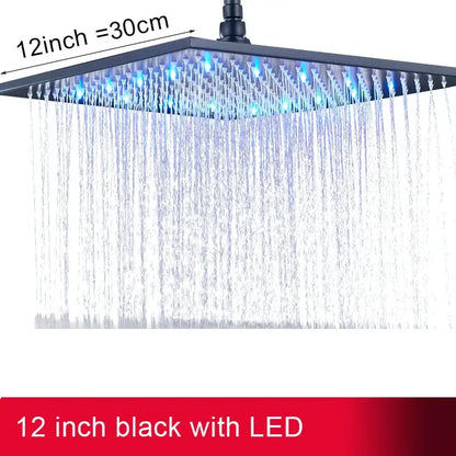 Black 12-inch square chrome rainfall shower head with blue square LED light for modern bathroom use