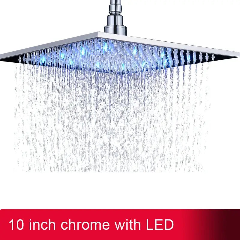 A sleek 10-inch chrome modern square led rainfall shower head with vibrant blue integrated led light
