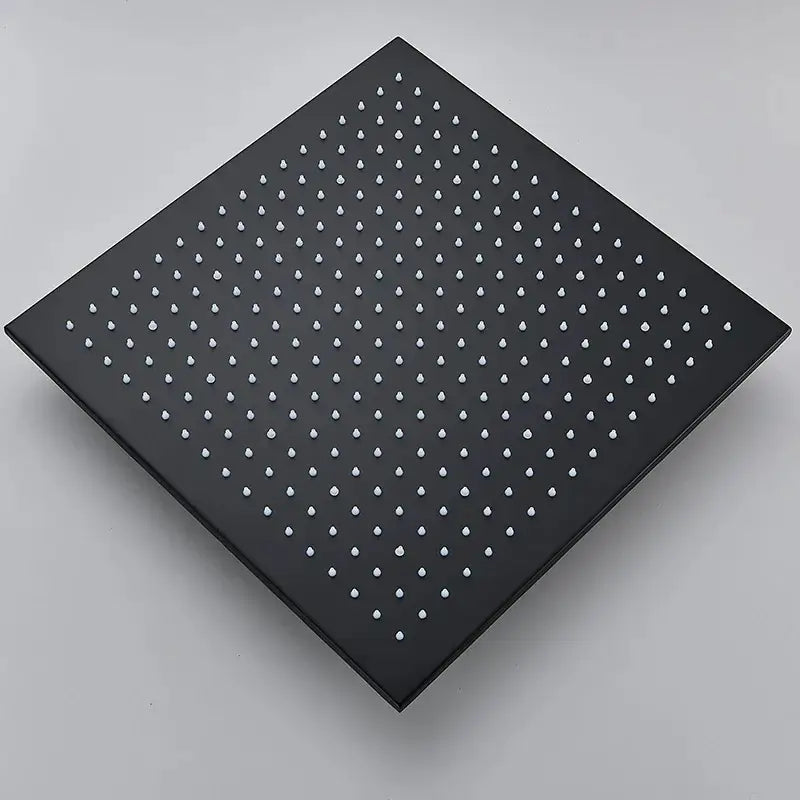 Modern black square rainfall showerhead with matte finish, white droplet nozzles, and integrated led lights for bathroom use