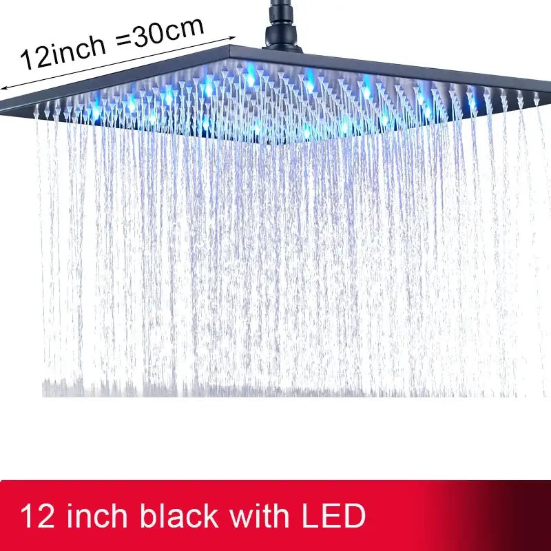 Black 12-inch square chrome rainfall showerhead with blue led lights for modern bathroom faucet use