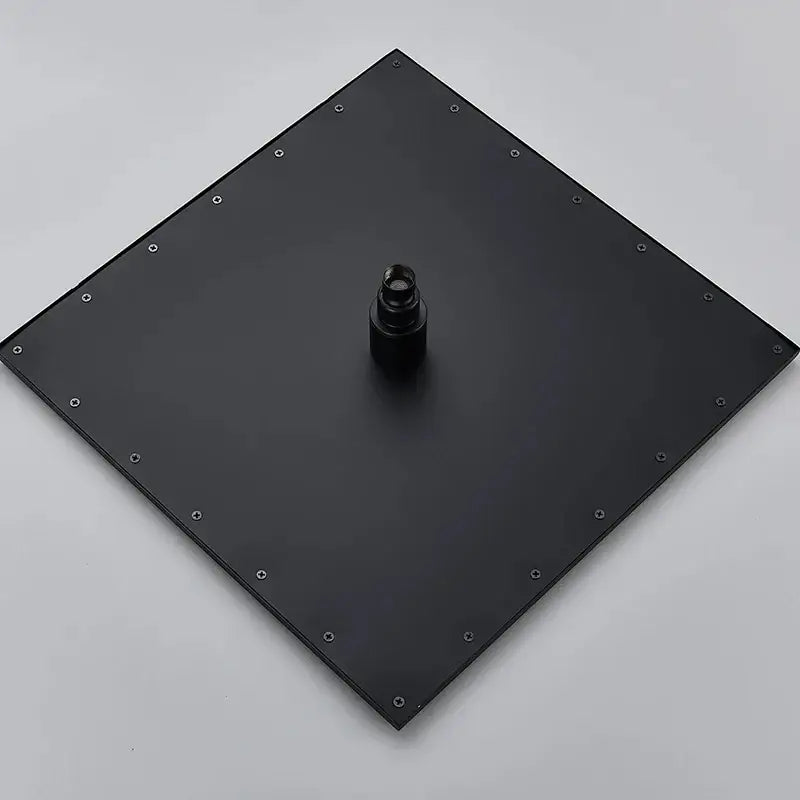 Black square modern chrome rainfall shower head with central threaded nozzle and led light installation screws at corners