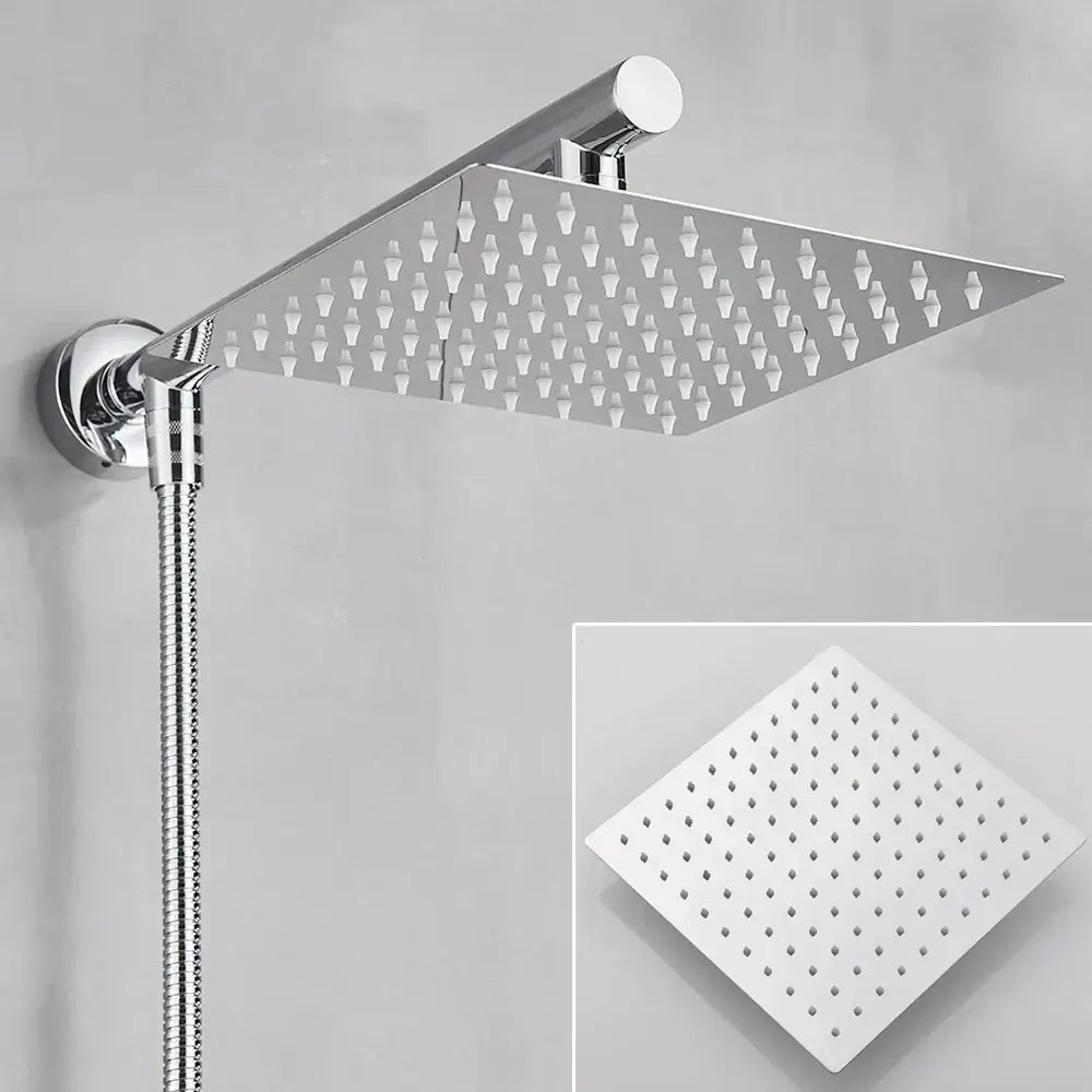 Modern chrome square rainfall shower head set with diamond nozzle grid and adjustable wall mount for bathroom use