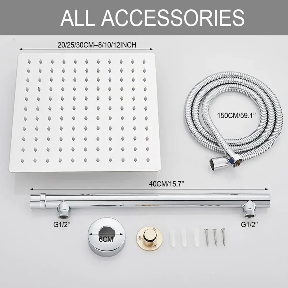 Modern chrome square rainfall shower head set with silver diamond nozzle grid and matching adjustable rain shower bar