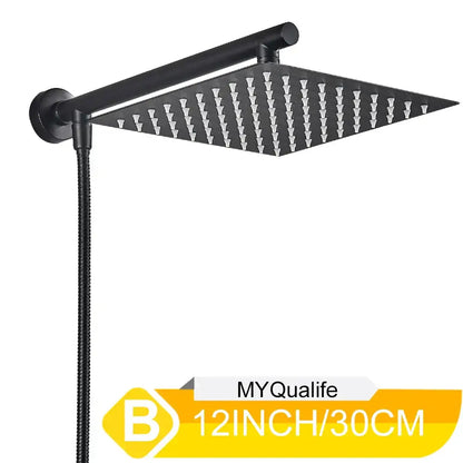 Black matte-finish 12-inch square shower head with multiple nozzles in a modern chrome adjustable height shower head set