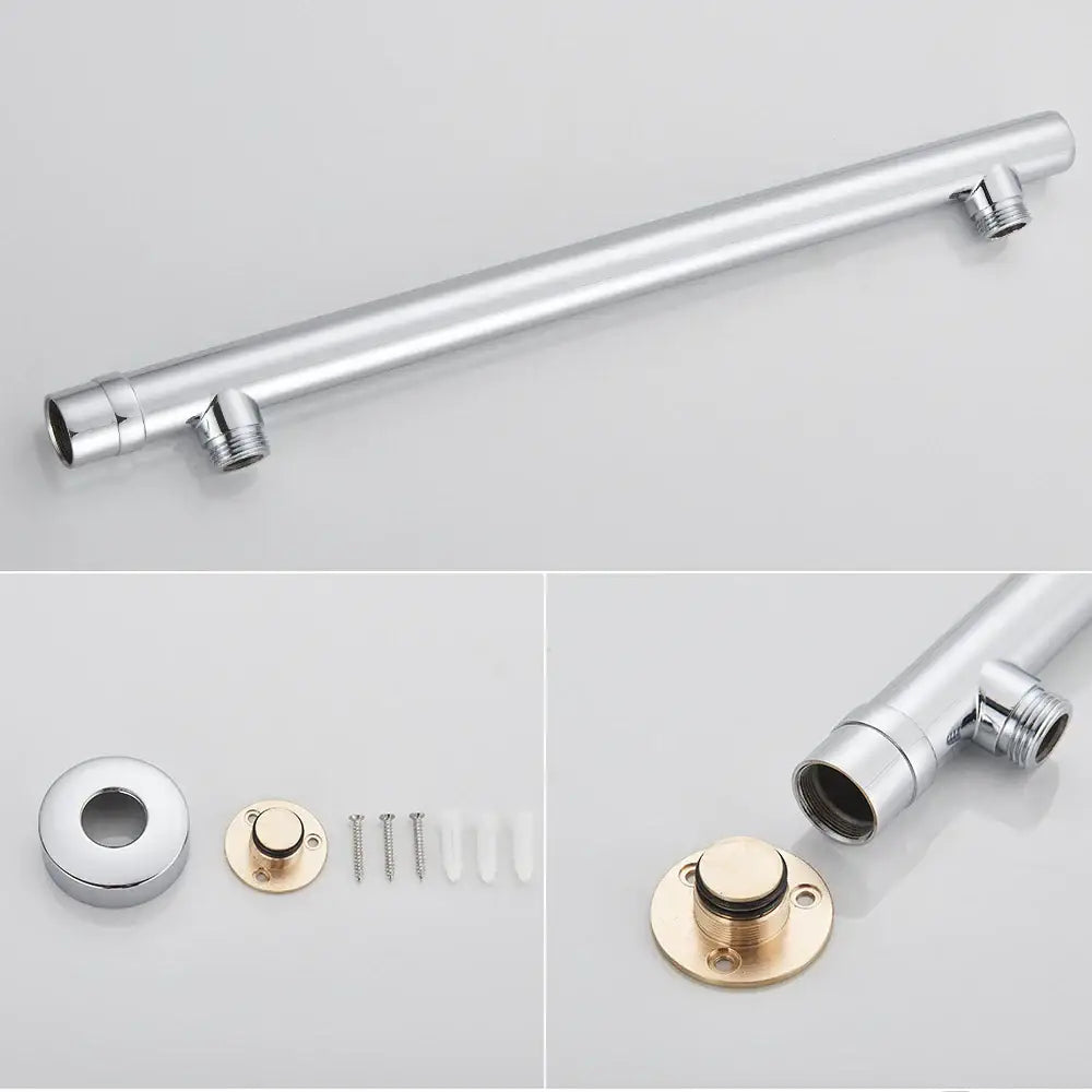 Modern chrome square rainfall shower head set featuring a sleek chrome handrail with brass mounting plate and connectors