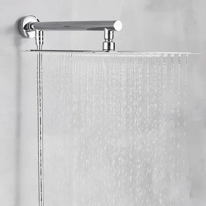 Modern chrome square rainfall shower head set with rectangular chrome-finished head and adjustable wall-mounted bar