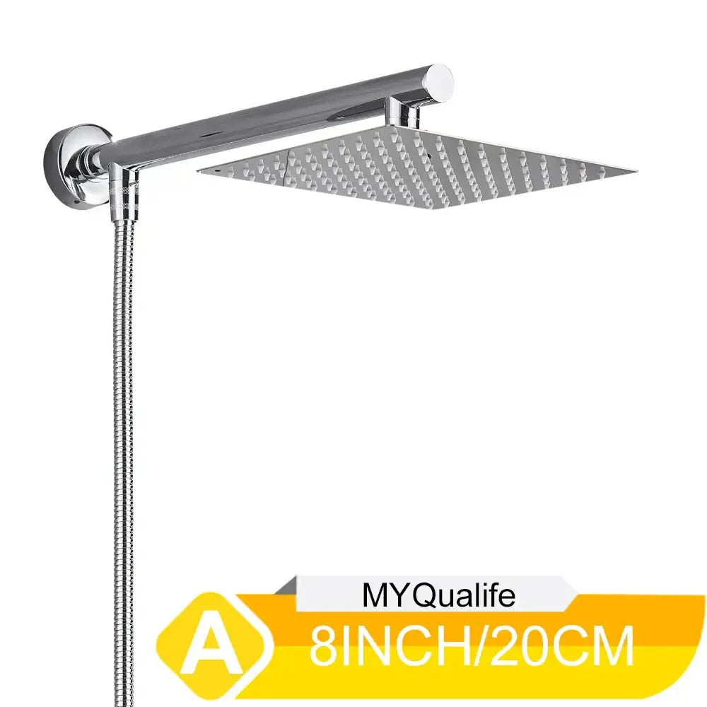 Modern chrome square rainfall shower head set with a sleek textured surface and adjustable height for bathroom use