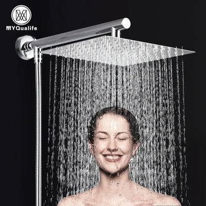 Modern chrome square rainfall shower head set with rectangular chrome finish and adjustable height for bathroom use
