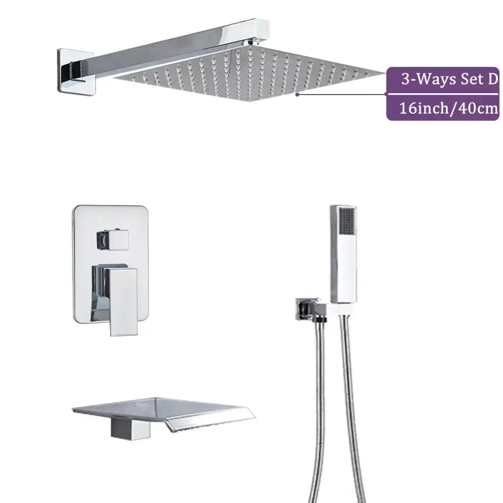 Modern chrome square shower faucet set with 16-inch chrome-finished rainfall showerhead and minimalist design
