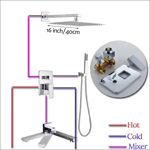 Modern chrome square shower faucet set with 16-inch chrome-finished rain showerhead mixer valve and handheld spray hose