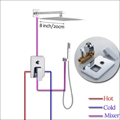 Modern chrome square shower faucet set with 8-inch rainfall showerhead wall control panel and handheld attachment
