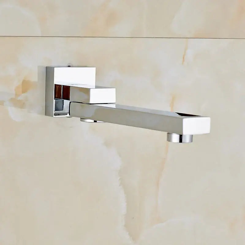 Modern chrome shower faucet set with a rectangular wall-mounted faucet and sleek angular design for bathroom use