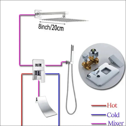 Chrome finished 8 inch square showerhead with integrated nozzles in modern chrome shower faucet set for bathroom use