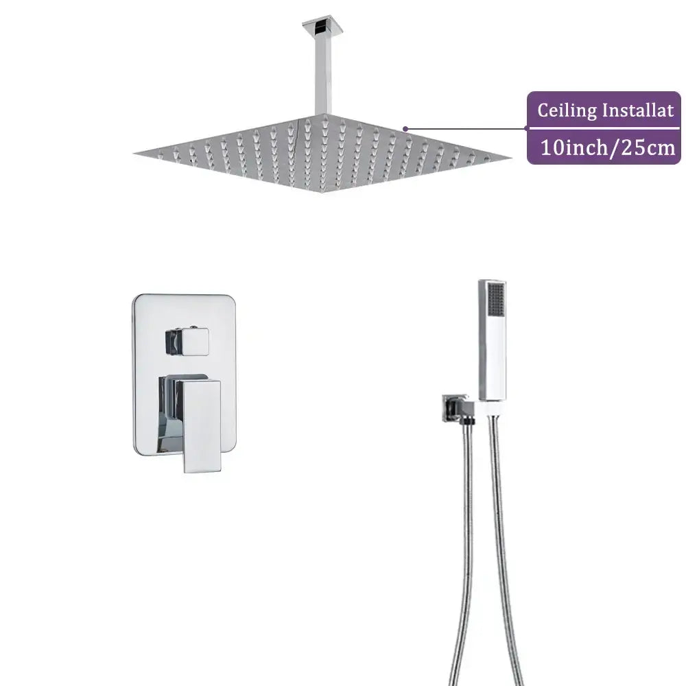 Modern chrome square shower faucet set with 10-inch ceiling rain showerhead and matching wall-mounted controls