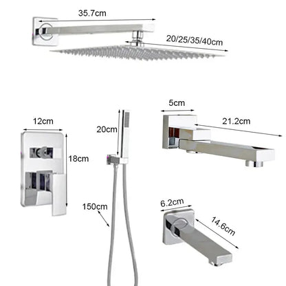 Modern chrome square shower faucet set with rain showerhead handheld shower and integrated control panel