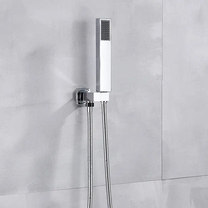 Modern chrome square shower faucet set with a rectangular chrome-finished rain showerhead and flexible braided hose