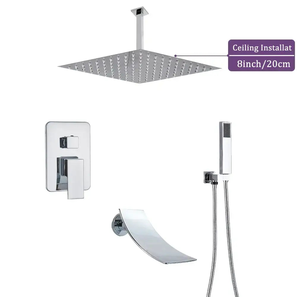 Modern chrome square shower faucet set with an 8-inch chrome-finished ceiling-mounted rain shower head