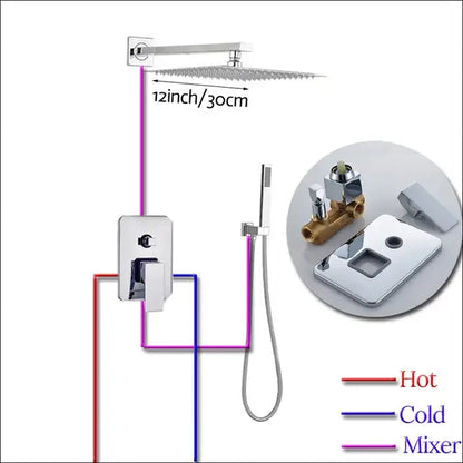 Modern chrome square shower faucet set with 12-inch rainfall showerhead wall control panel and handheld shower attachment