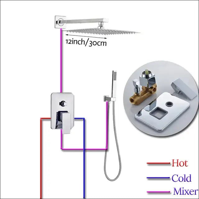 Modern chrome square shower faucet set with 12-inch rainfall showerhead wall control panel and handheld shower attachment