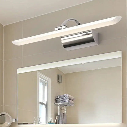 Modern chrome stainless steel bathroom led vanity light with sleek elongated design and integrated cylindrical lamp housing