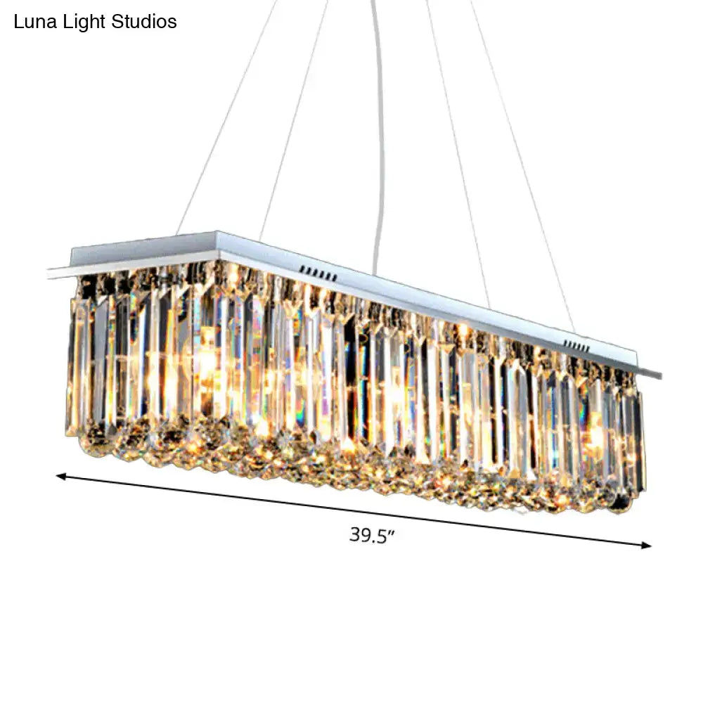 DecorBites™ modern crystal pendant island lamp with rectangular stainless steel frame and cascading clear prisms