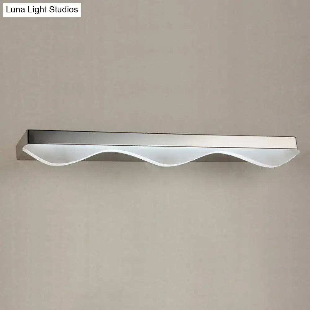 Modern chrome stainless steel led vanity light wall sconce with wave pattern and frosted glass diffuser