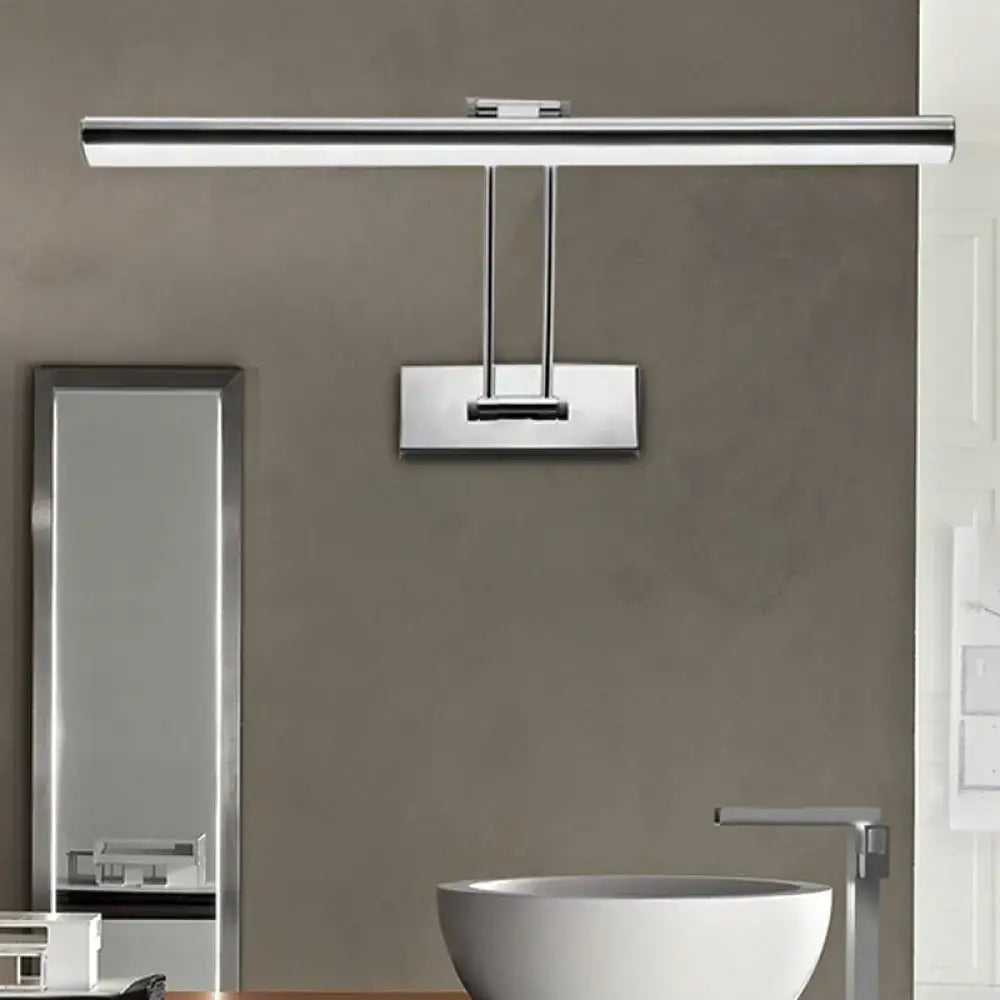 Modern chrome stainless steel linear led vanity fixture with rectangular design and two vertical support rods