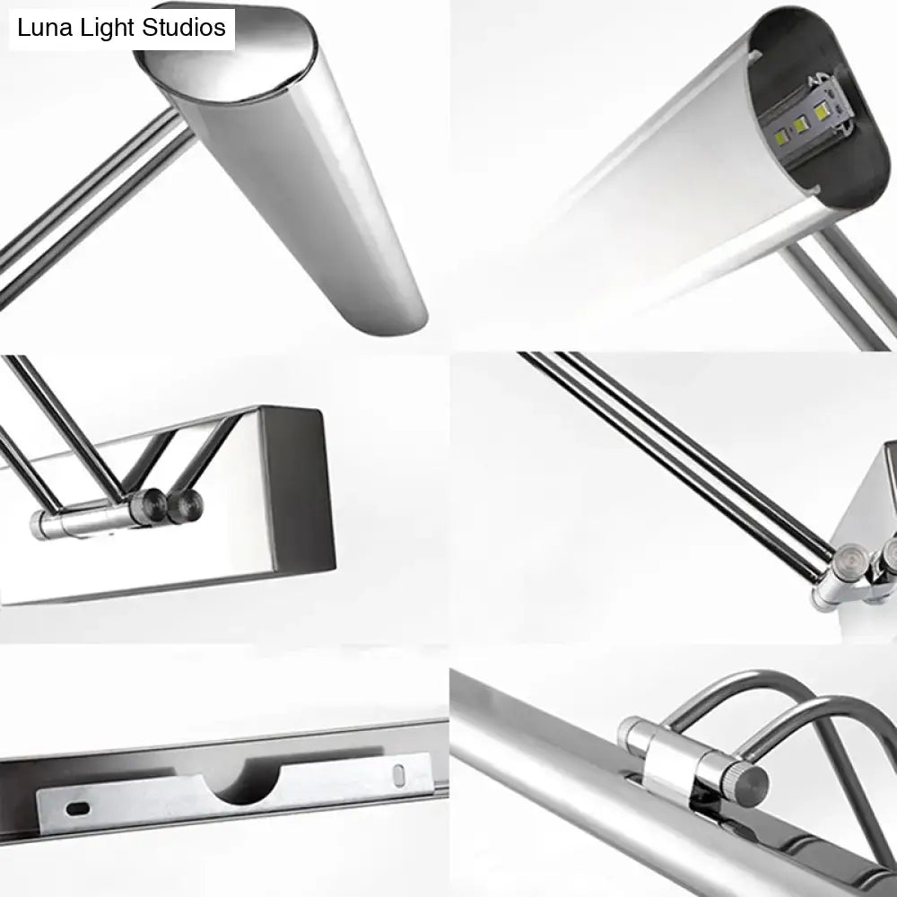 Modern chrome stainless steel linear led vanity fixture with adjustable cylindrical head and articulated arms