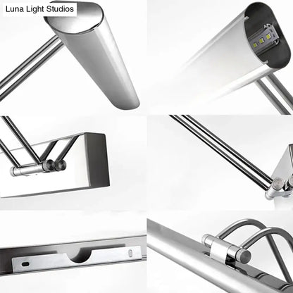 Modern chrome stainless steel linear led vanity fixture with adjustable cylindrical head and articulated arms