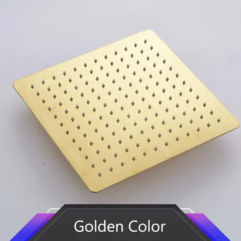 Golden stainless steel rainfall shower head with square design and evenly spaced perforations for bathroom fixture
