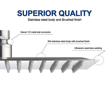 A sleek modern chrome stainless steel rainfall shower head with swivel 1/2 metal ball connector and seamless welding