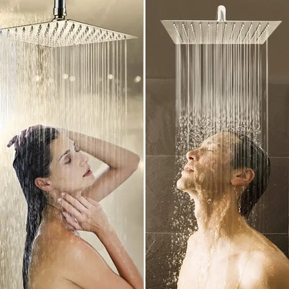 Modern chrome stainless steel rainfall shower head with square shape and evenly spaced nozzles for bathroom use