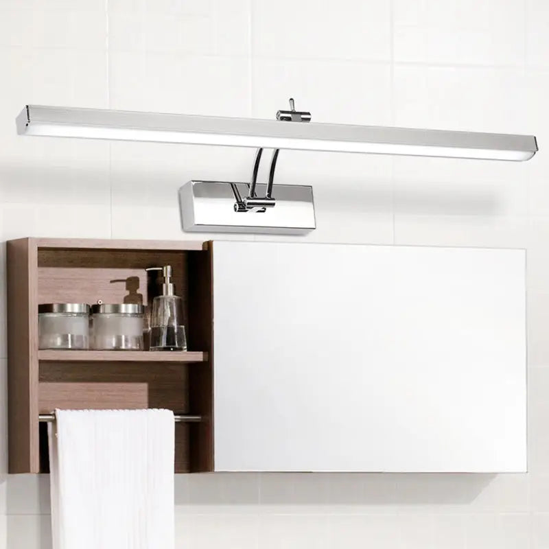 Modern chrome stainless steel stick vanity light fixture with sleek minimalist rectangular design for bathroom use