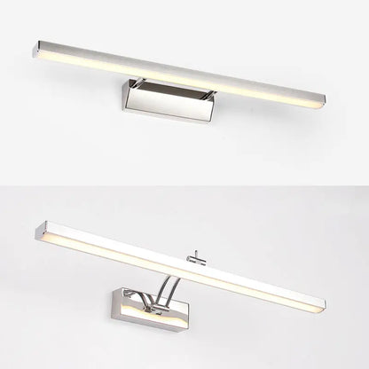 Modern chrome stainless steel stick vanity light fixture with a rectangular design and adjustable arm for bathroom use